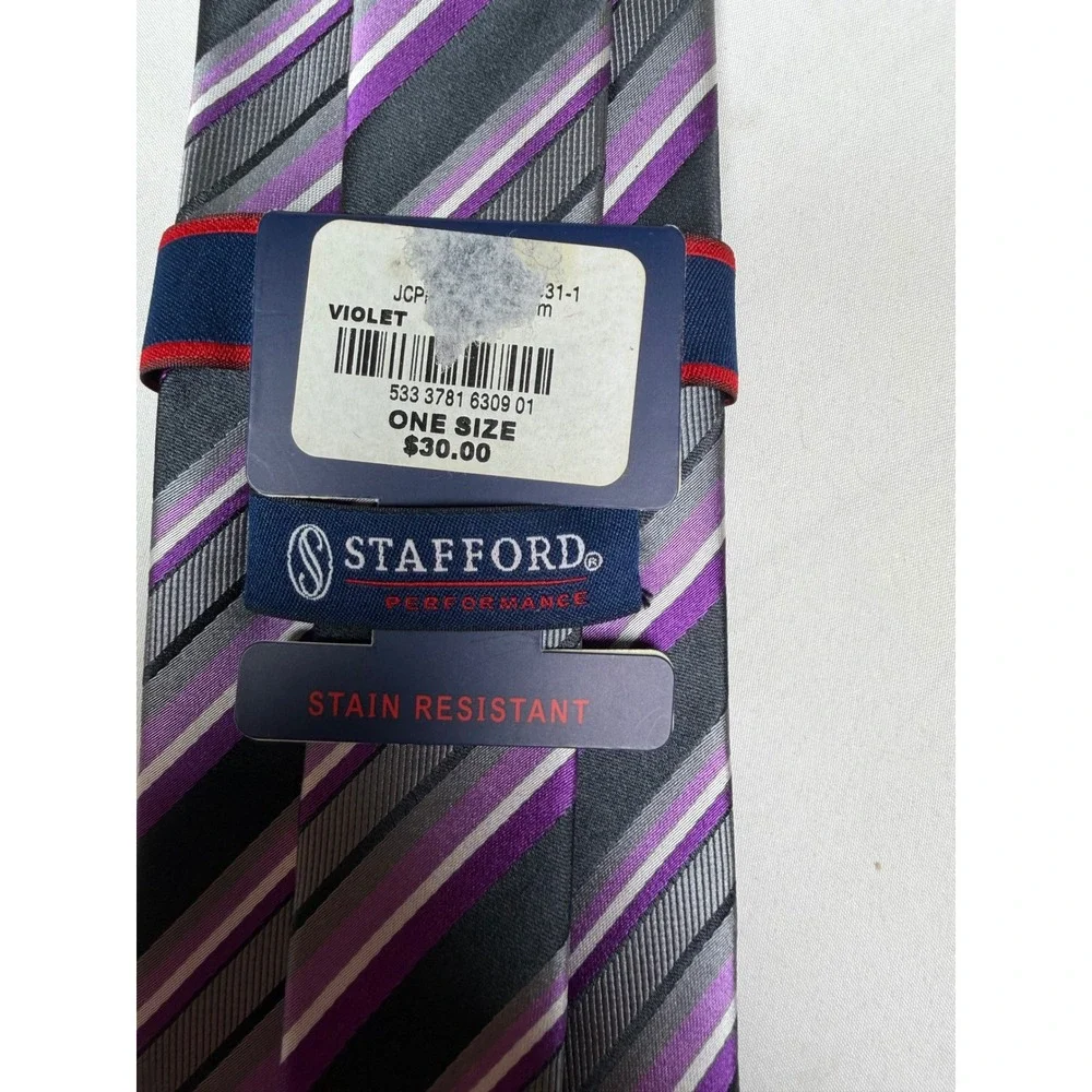 Stafford Performance Mens Silk Tie Violet Grey Black Striped Stain Resistant NEW